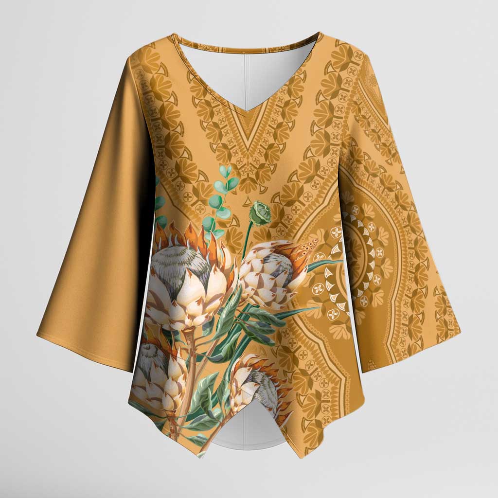 Africa King Proteas Dashiki Motif Kimono Sleeve Blouse Gold Style