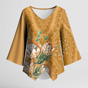 Africa King Proteas Dashiki Motif Kimono Sleeve Blouse Gold Style