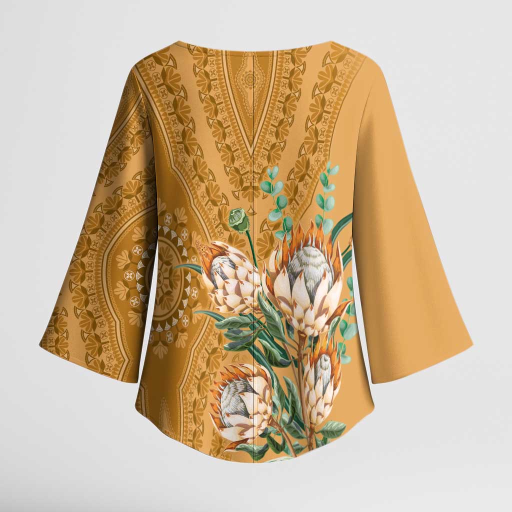 Africa King Proteas Dashiki Motif Kimono Sleeve Blouse Gold Style