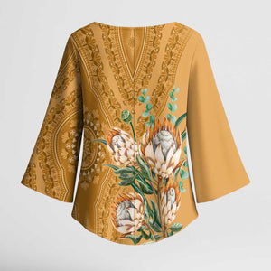 Africa King Proteas Dashiki Motif Kimono Sleeve Blouse Gold Style