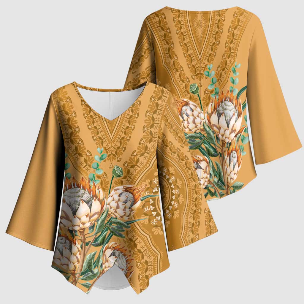 Africa King Proteas Dashiki Motif Kimono Sleeve Blouse Gold Style