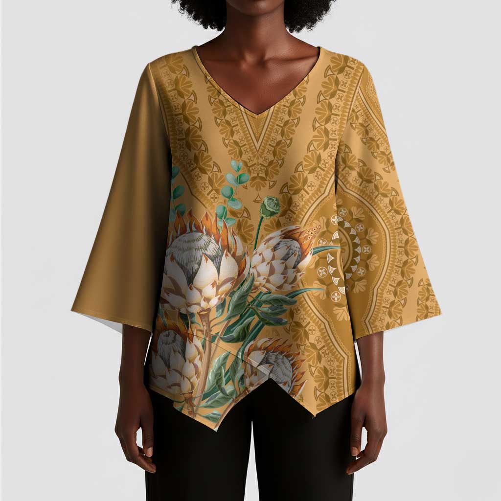 Africa King Proteas Dashiki Motif Kimono Sleeve Blouse Gold Style