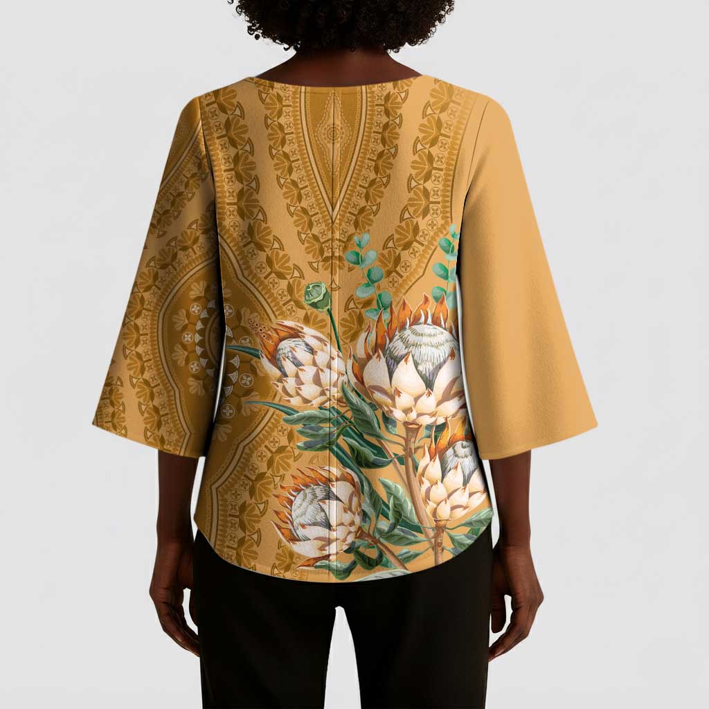 Africa King Proteas Dashiki Motif Kimono Sleeve Blouse Gold Style
