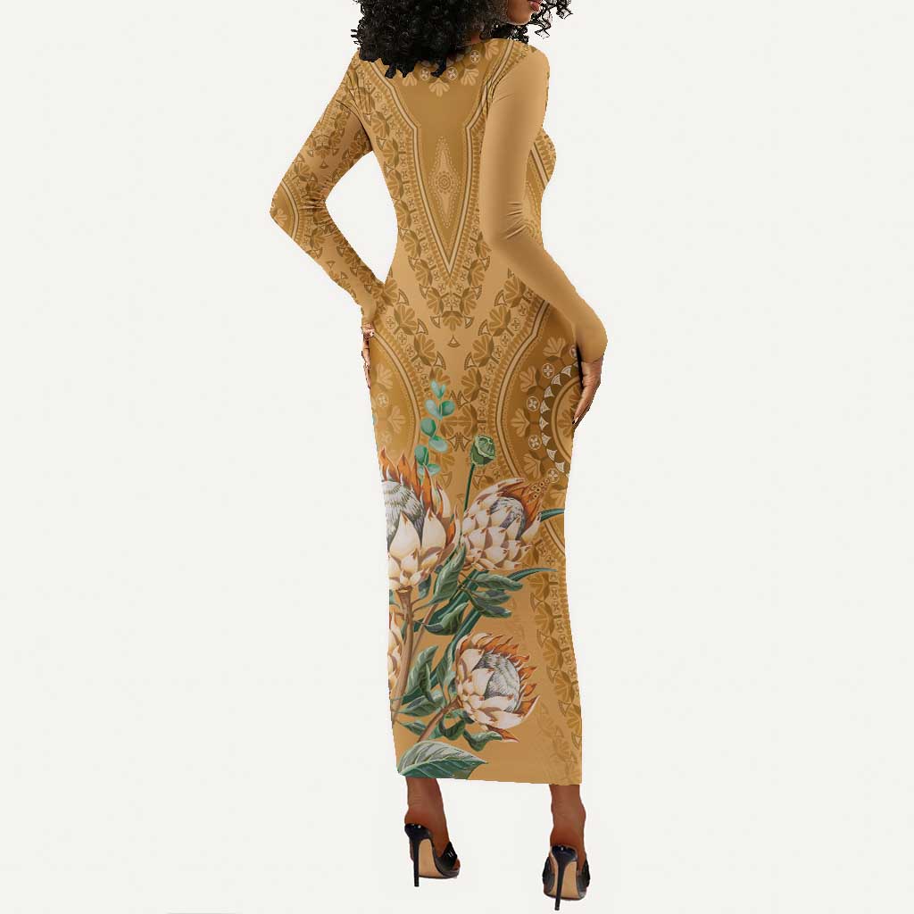Afro King Proteas Dashiki Motif Long Sleeve Bodycon Dress Gold Style LT9
