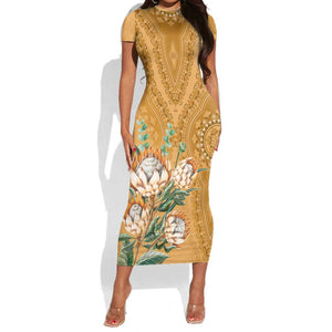 Afro King Proteas Dashiki Motif Short Sleeve Bodycon Dress Gold Style LT9