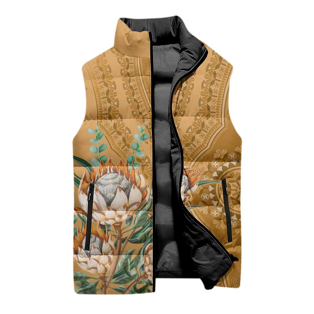 Africa King Proteas Dashiki Motif Sleeveless Puffer Jacket Gold Style