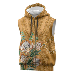 Afro King Proteas Dashiki Motif Sleeveless Zip Hoodie Gold Style - African Pride