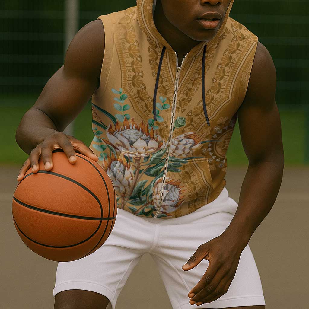 Afro King Proteas Dashiki Motif Sleeveless Zip Hoodie Gold Style - African Pride