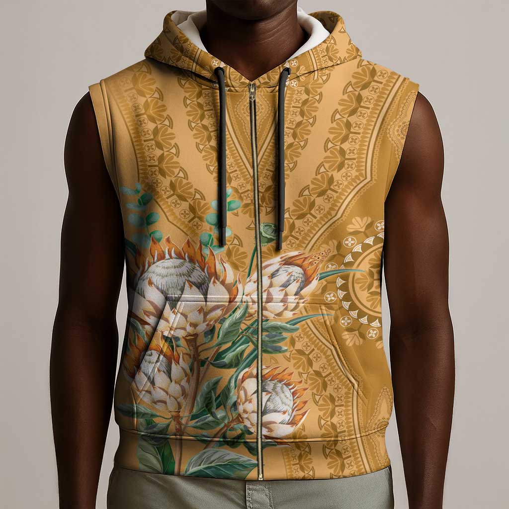 Afro King Proteas Dashiki Motif Sleeveless Zip Hoodie Gold Style - African Pride