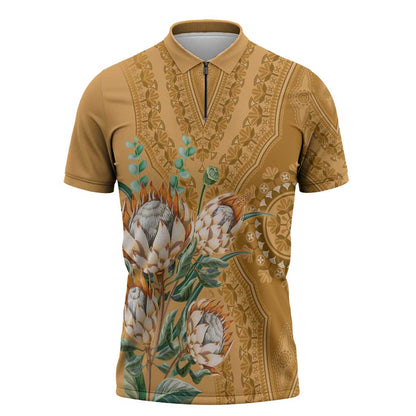 Africa King Proteas Dashiki Motif Zipper Polo Shirt Gold Style