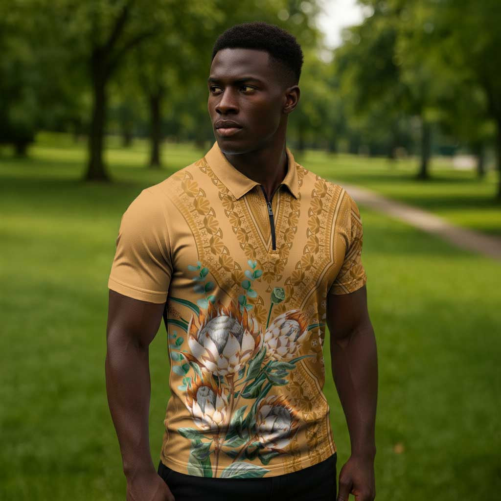 Africa King Proteas Dashiki Motif Zipper Polo Shirt Gold Style