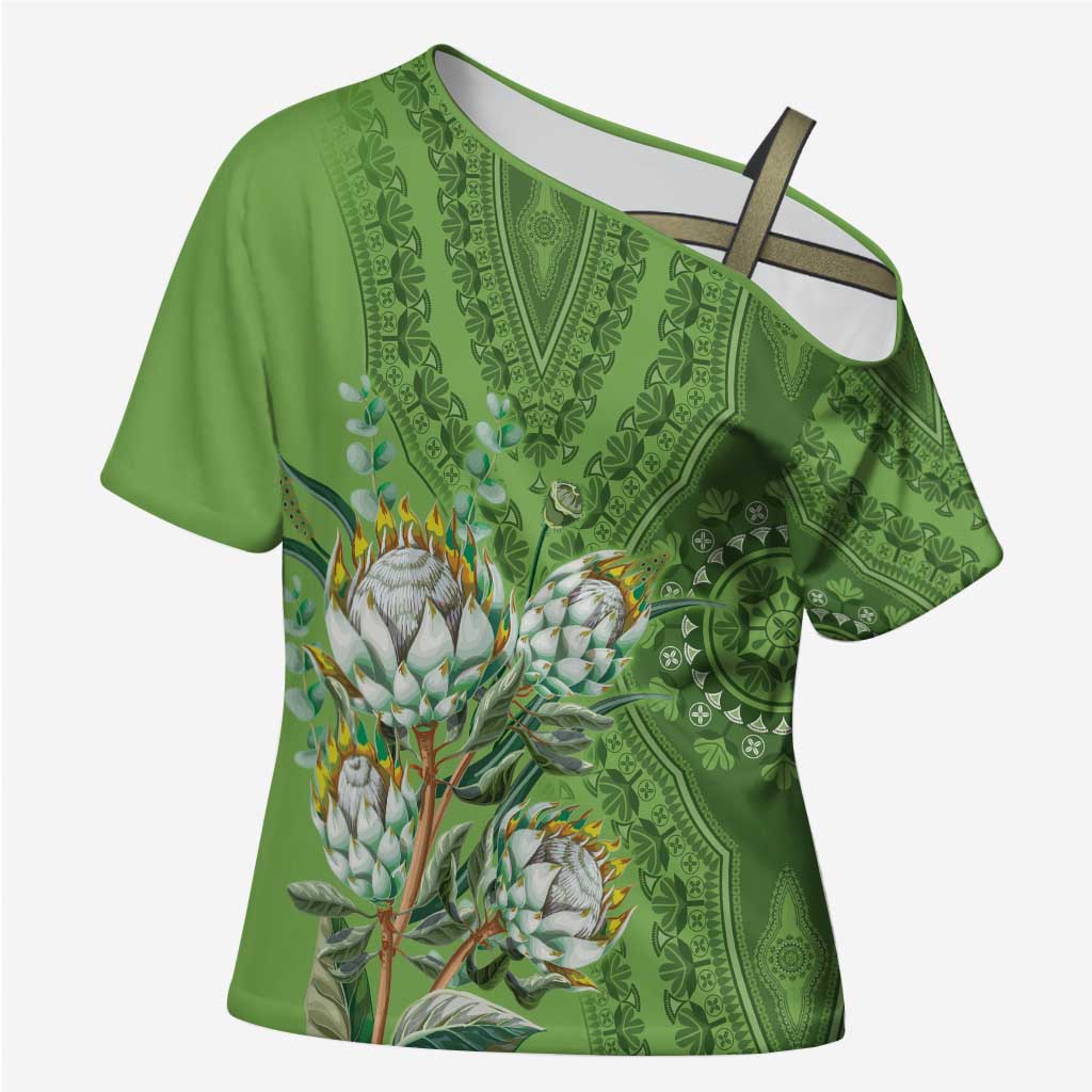 Africa King Proteas Dashiki Motif Cross Shoulder Shirt Green Style