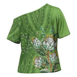 Africa King Proteas Dashiki Motif Cross Shoulder Shirt Green Style