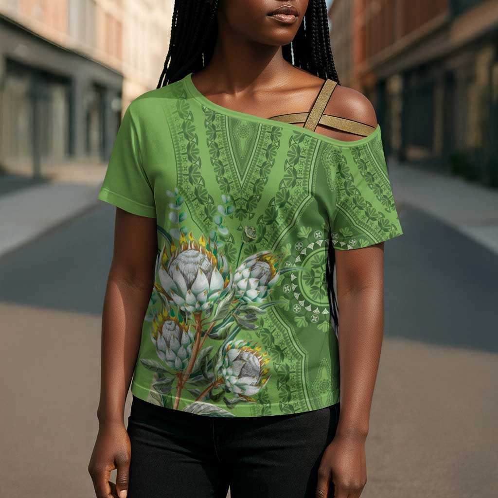 Africa King Proteas Dashiki Motif Cross Shoulder Shirt Green Style