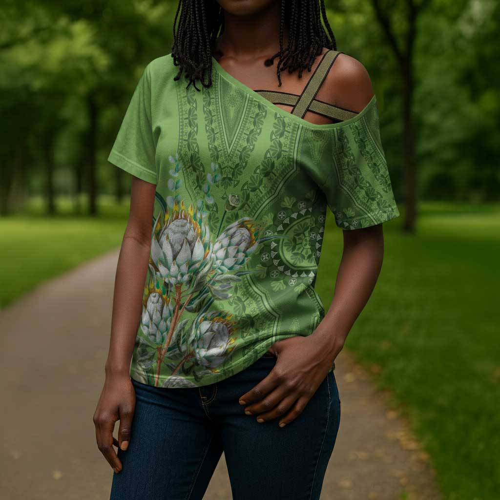 Africa King Proteas Dashiki Motif Cross Shoulder Shirt Green Style
