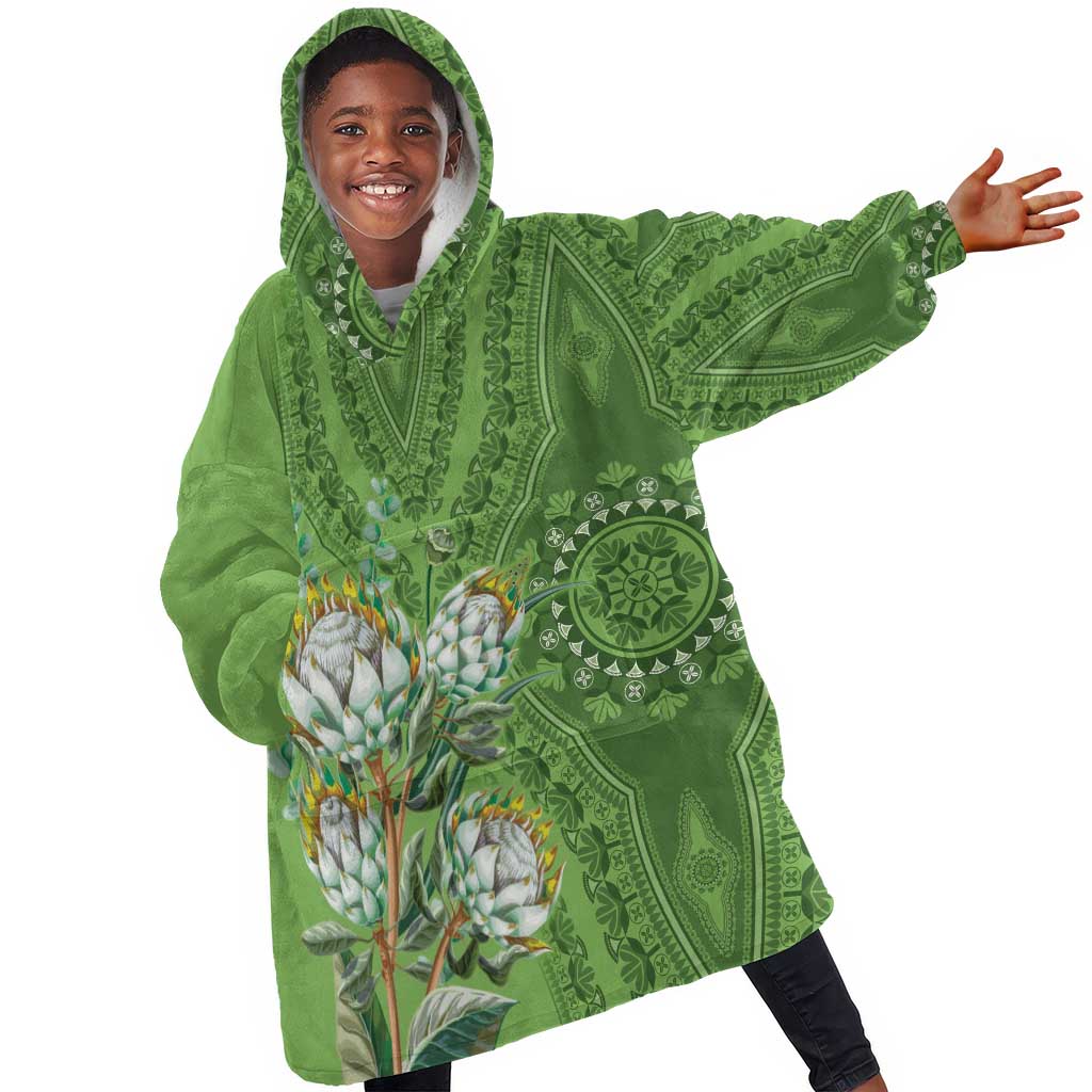 Afro King Proteas Dashiki Motif KId Wearable Blanket Hoodie Green Style