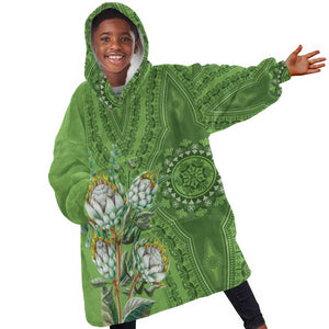 Afro King Proteas Dashiki Motif KId Wearable Blanket Hoodie Green Style