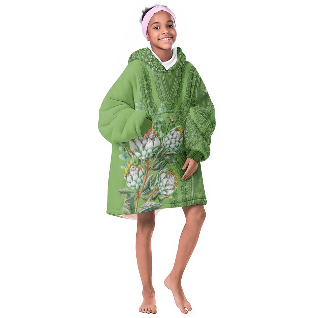 Afro King Proteas Dashiki Motif KId Wearable Blanket Hoodie Green Style