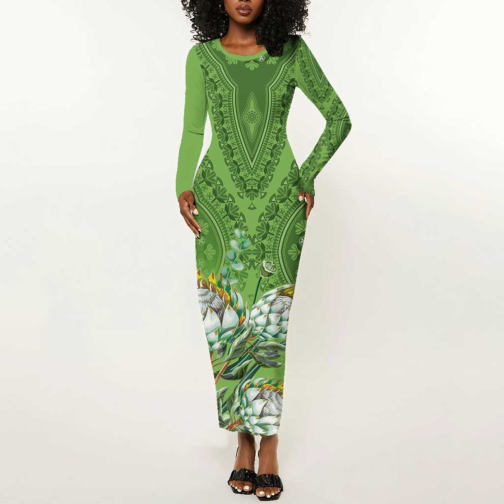Afro King Proteas Dashiki Motif Long Sleeve Bodycon Dress Green Style LT9