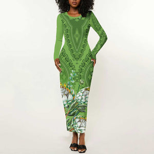 Afro King Proteas Dashiki Motif Long Sleeve Bodycon Dress Green Style LT9