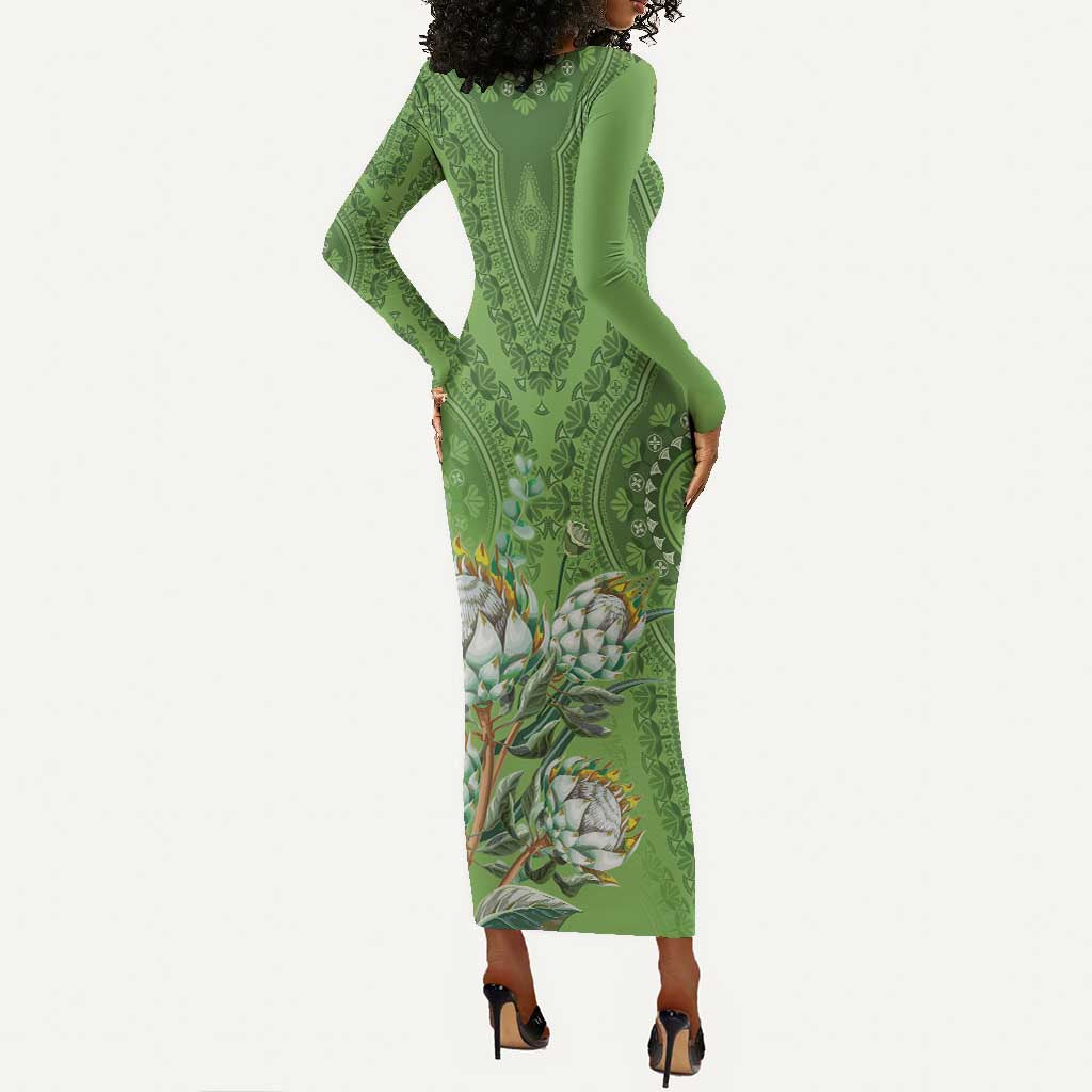 Afro King Proteas Dashiki Motif Long Sleeve Bodycon Dress Green Style LT9