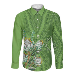 Afro King Proteas Dashiki Motif Long Sleeve Button Shirt Green Style