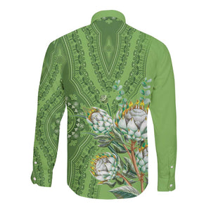 Afro King Proteas Dashiki Motif Long Sleeve Button Shirt Green Style
