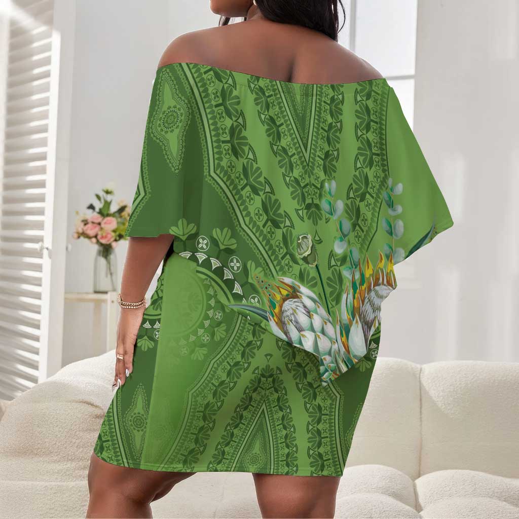 Afro King Proteas Dashiki Motif Off Shoulder Short Dress Green Style
