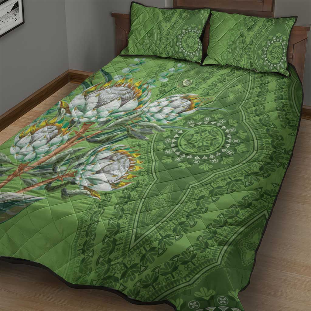 Afro King Proteas Dashiki Motif Quilt Bed Set Green Style