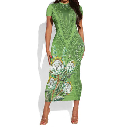 Afro King Proteas Dashiki Motif Short Sleeve Bodycon Dress Green Style LT9