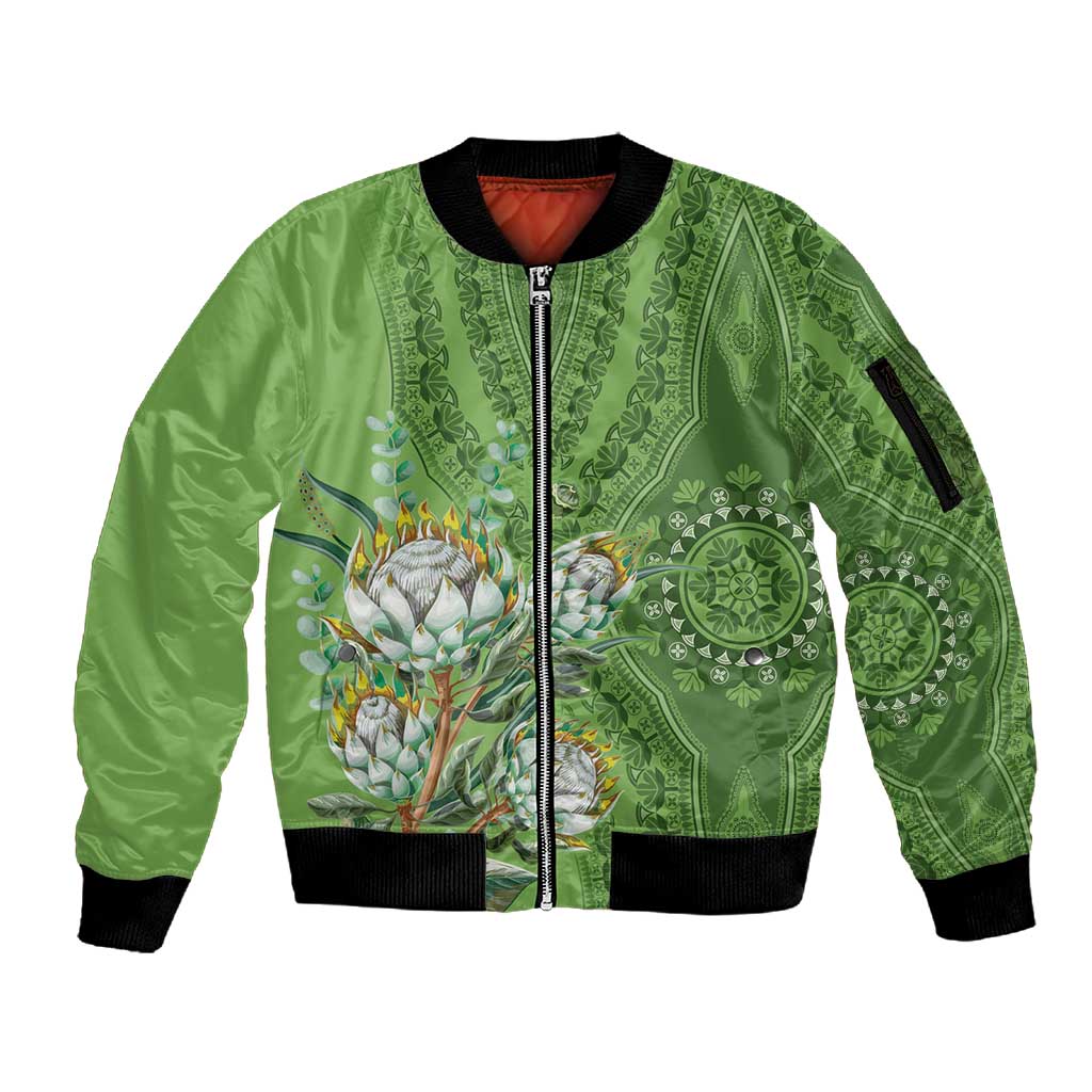 Afro King Proteas Dashiki Motif Sleeve Zip Bomber Jacket Green Style