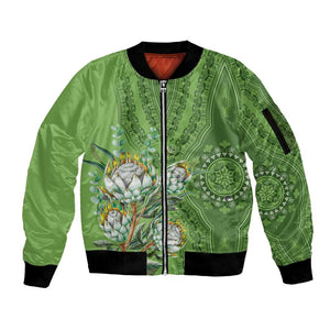 Afro King Proteas Dashiki Motif Sleeve Zip Bomber Jacket Green Style