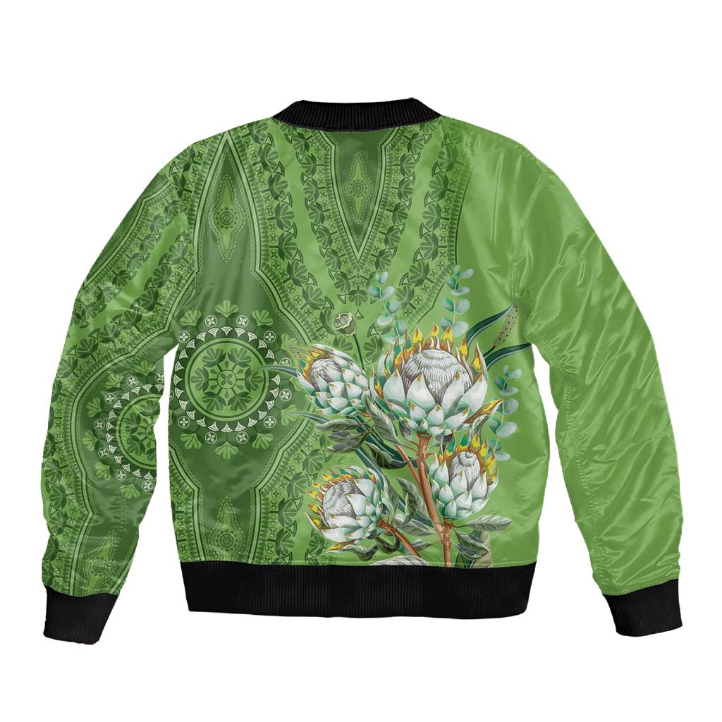 Afro King Proteas Dashiki Motif Sleeve Zip Bomber Jacket Green Style
