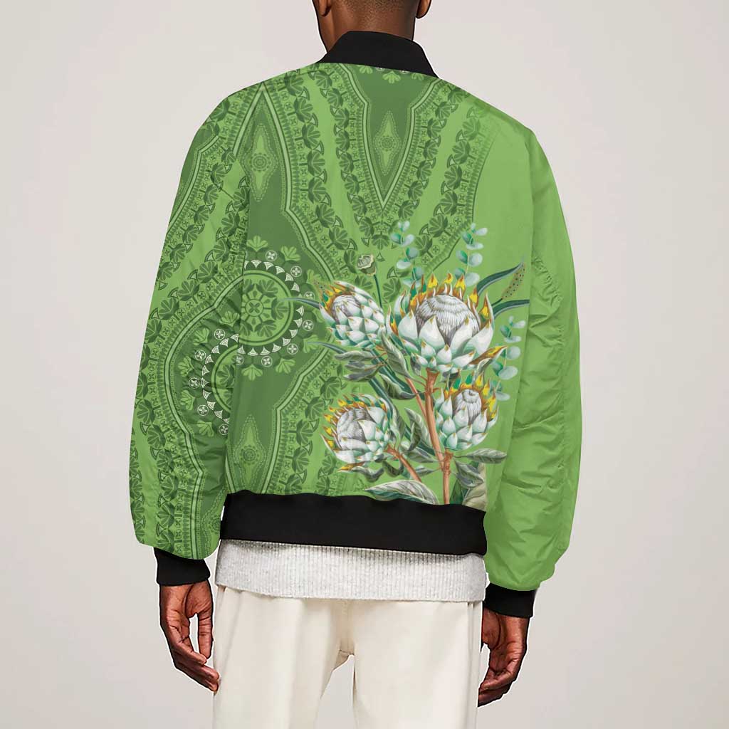 Afro King Proteas Dashiki Motif Sleeve Zip Bomber Jacket Green Style