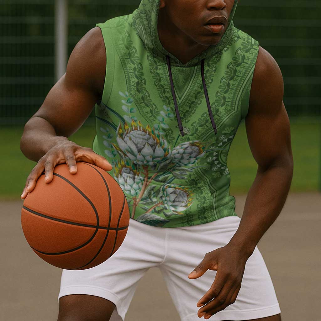 Afro King Proteas Dashiki Motif Sleeveless Hoodie Green Style - African Pride