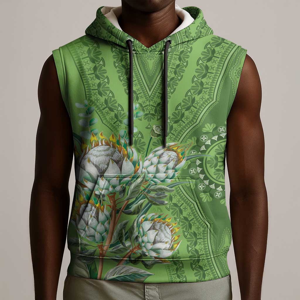 Afro King Proteas Dashiki Motif Sleeveless Hoodie Green Style - African Pride