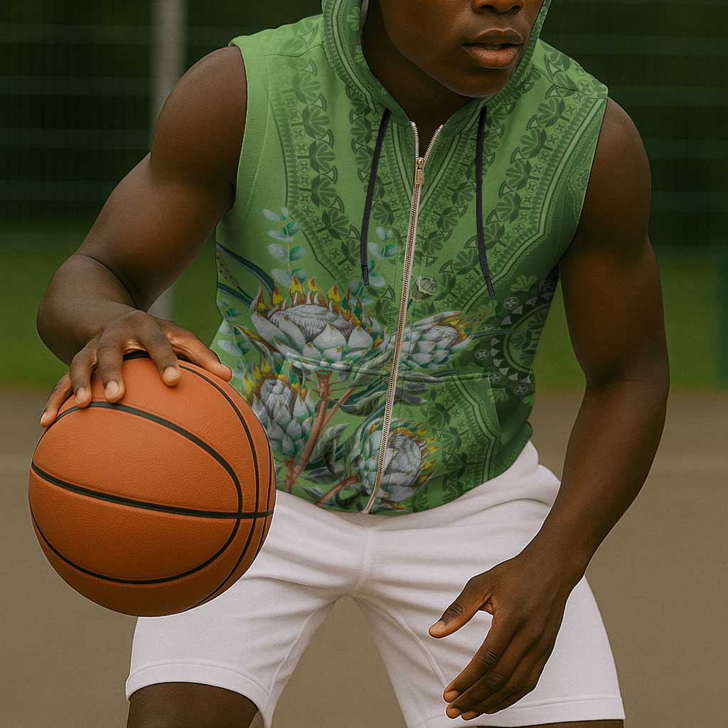 Afro King Proteas Dashiki Motif Sleeveless Zip Hoodie Green Style - African Pride