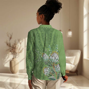 Afro King Proteas Dashiki Motif Women Casual Shirt Green Style LT9