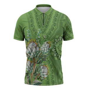 Africa King Proteas Dashiki Motif Zipper Polo Shirt Green Style