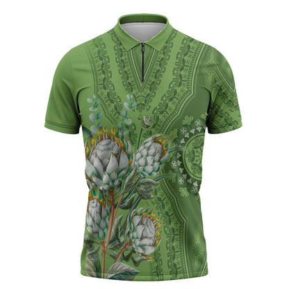 Africa King Proteas Dashiki Motif Zipper Polo Shirt Green Style