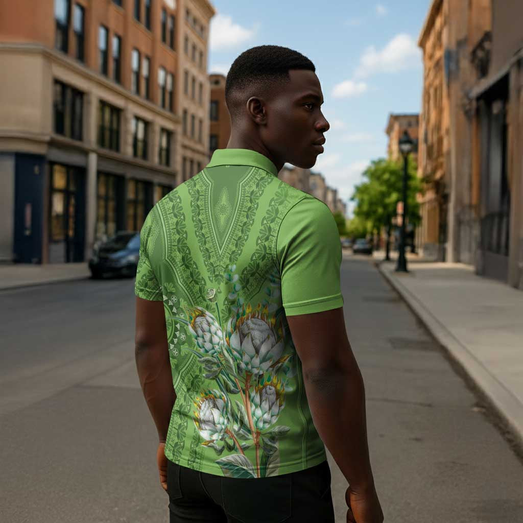 Africa King Proteas Dashiki Motif Zipper Polo Shirt Green Style