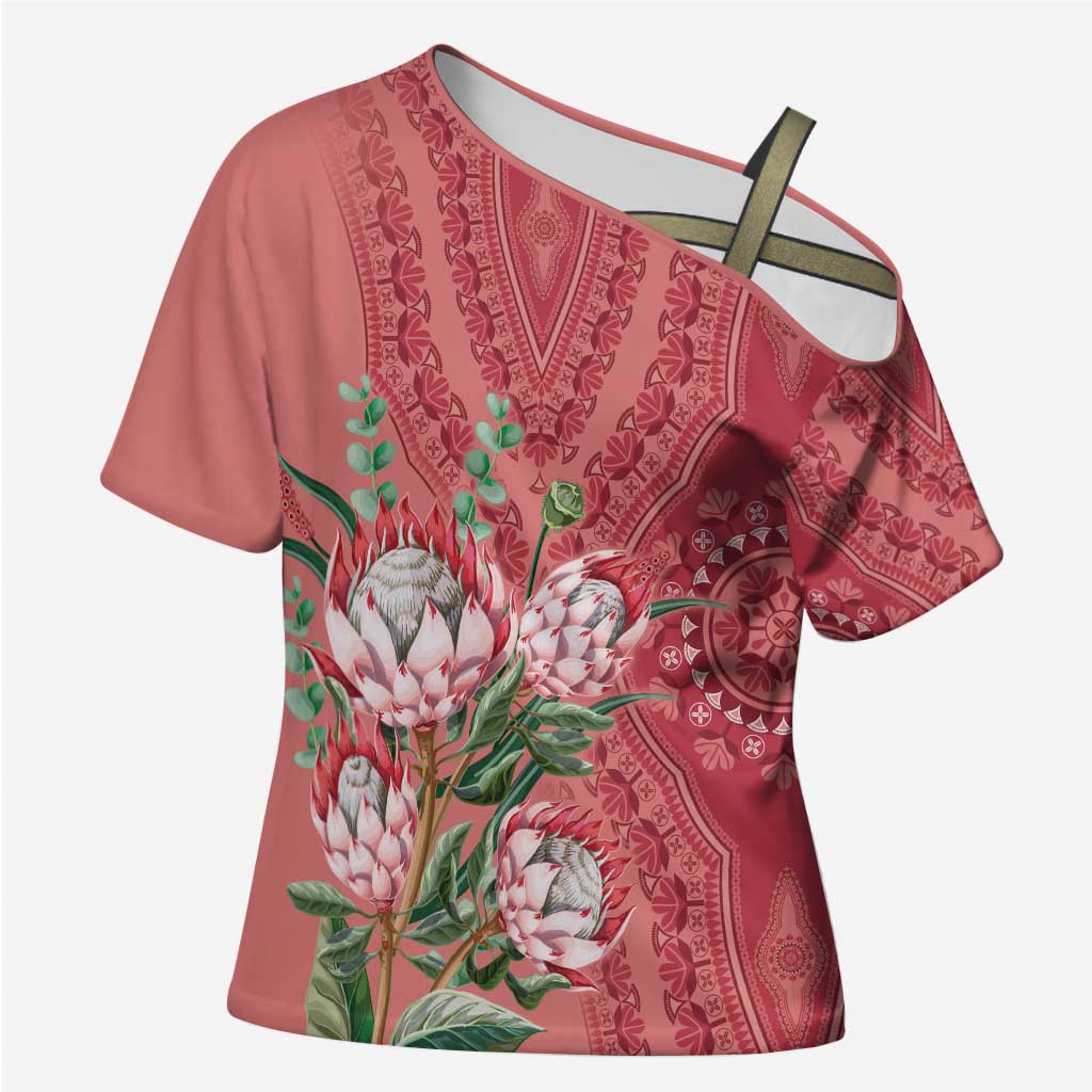Africa King Proteas Dashiki Motif Cross Shoulder Shirt Peach Style
