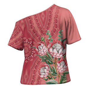 Africa King Proteas Dashiki Motif Cross Shoulder Shirt Peach Style