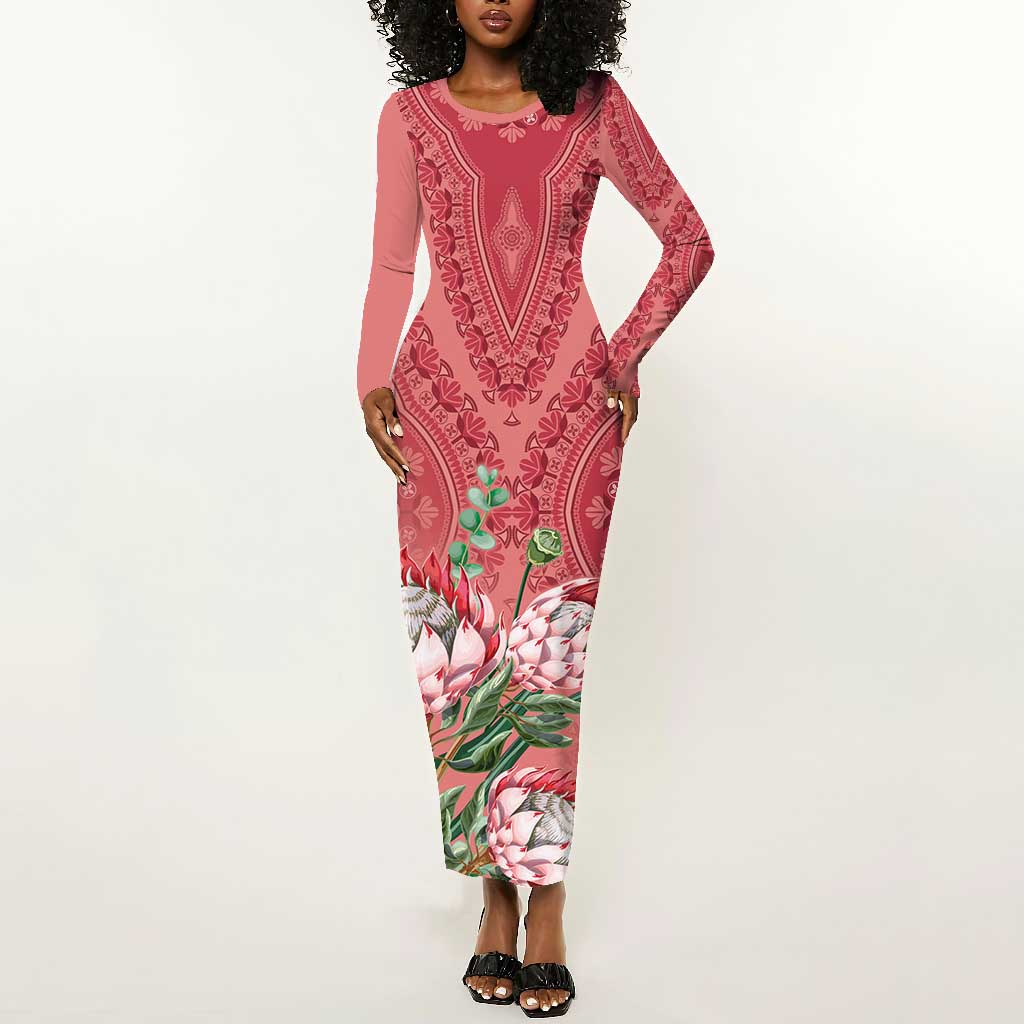 Afro King Proteas Dashiki Motif Long Sleeve Bodycon Dress Peach Style LT9