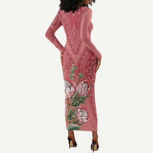 Afro King Proteas Dashiki Motif Long Sleeve Bodycon Dress Peach Style LT9