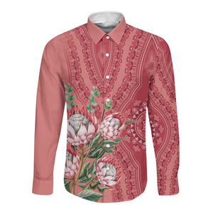 Afro King Proteas Dashiki Motif Long Sleeve Button Shirt Peach Style