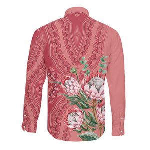 Afro King Proteas Dashiki Motif Long Sleeve Button Shirt Peach Style