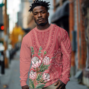Afro King Proteas Dashiki Motif Long Sleeve Shirt Peach Style LT9