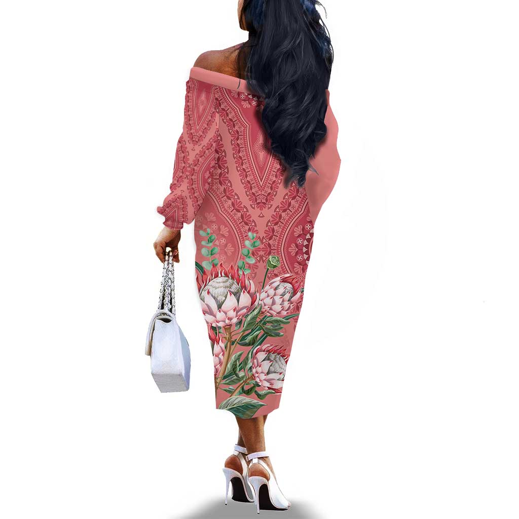 Afro King Proteas Dashiki Motif Off The Shoulder Long Sleeve Dress Peach Style