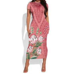 Afro King Proteas Dashiki Motif Short Sleeve Bodycon Dress Peach Style LT9